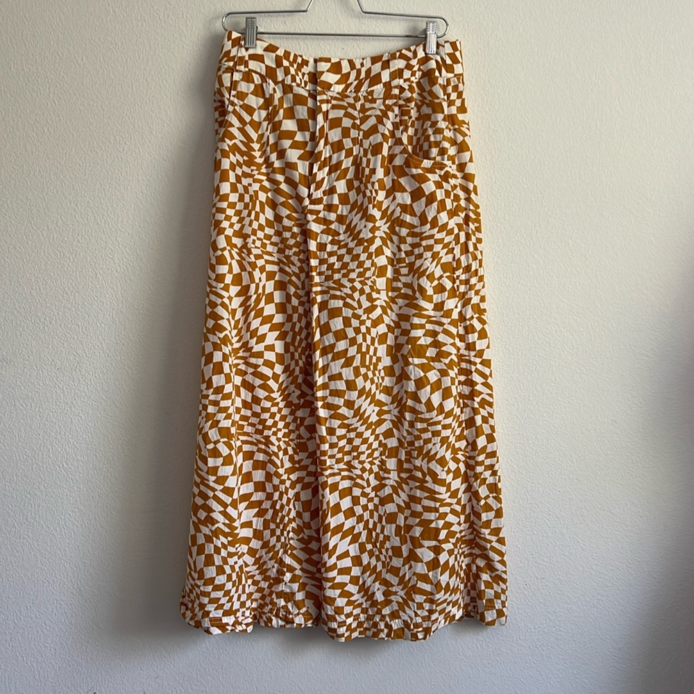 Free People Cotton High Waisted Wide Leg Orange & White Checkered Pants Size 10